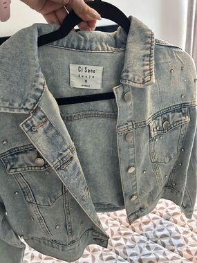 Ci Sono Light Wash Denim Jacket with Crystal Studs